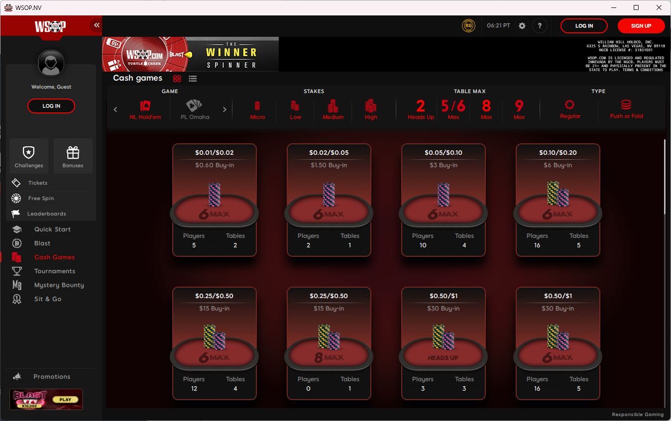 Cash Games Lobby